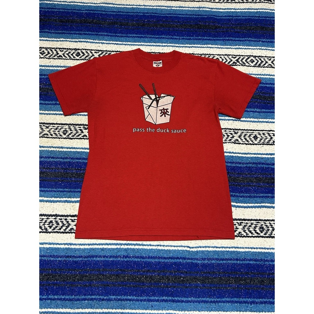 Vintage Y2K Jerzees Pass The Duck Sauce Takeout Graphic T Shirt Mens S Red